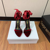 ANKLE SANDAL 10 CM IN CRIMSON RED VELVET AND SILK